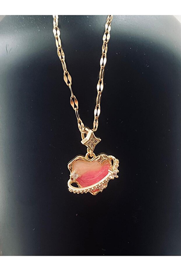 Zircon Stone Pink Heart Steel Necklace