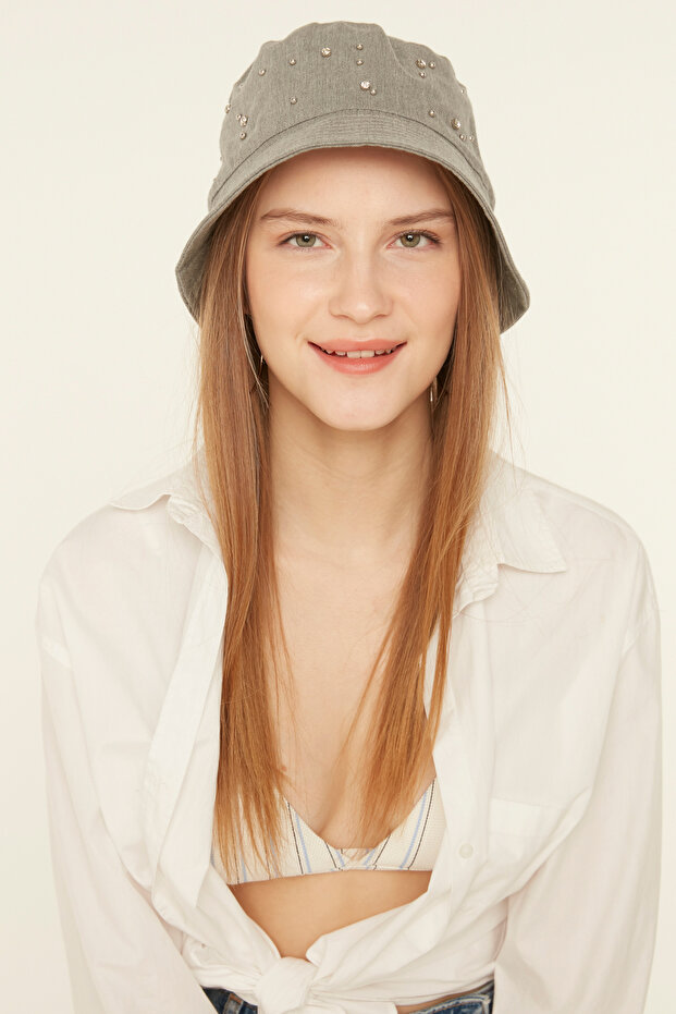 Gray Fabric Stone Bucket Bucket Women's Hat