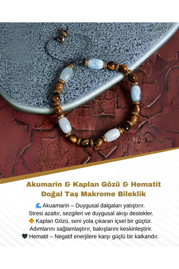 Certified Akumarin & Tiger Eye & Hematite Natural Stone Macrame Bracelet