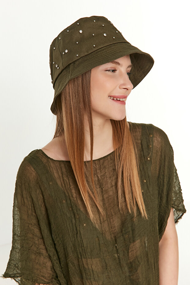 Khaki Bucket Bucket Women's Hat with Stones on It