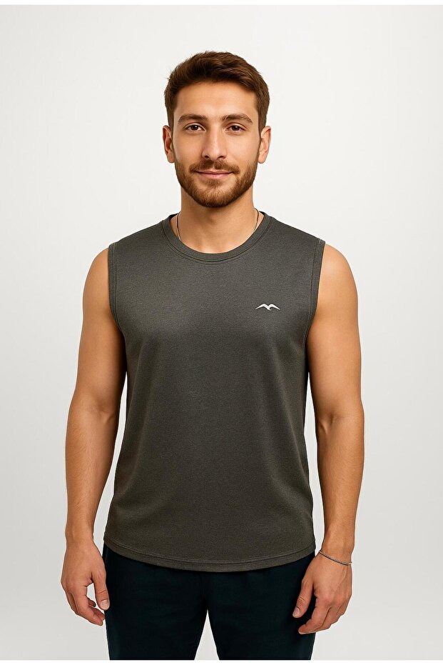 Men's Gray Melange Crew Neck Sleeveless T-Shirt-D690
