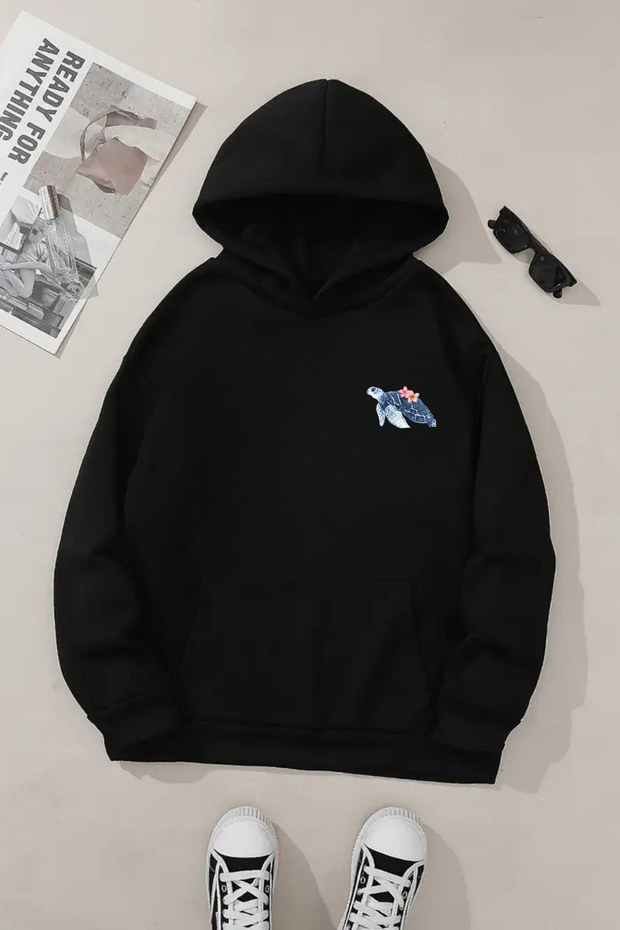 Unisex Black Hooded Sweatshirt – Minimal Turtle Printed, Thick Fabric with Hood