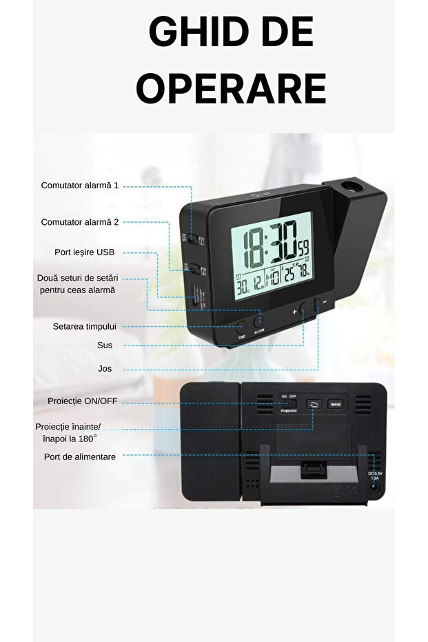 Electronic clock with projection, Temperature display, Humidity display, Snooze alarm, 180 rotation - 7