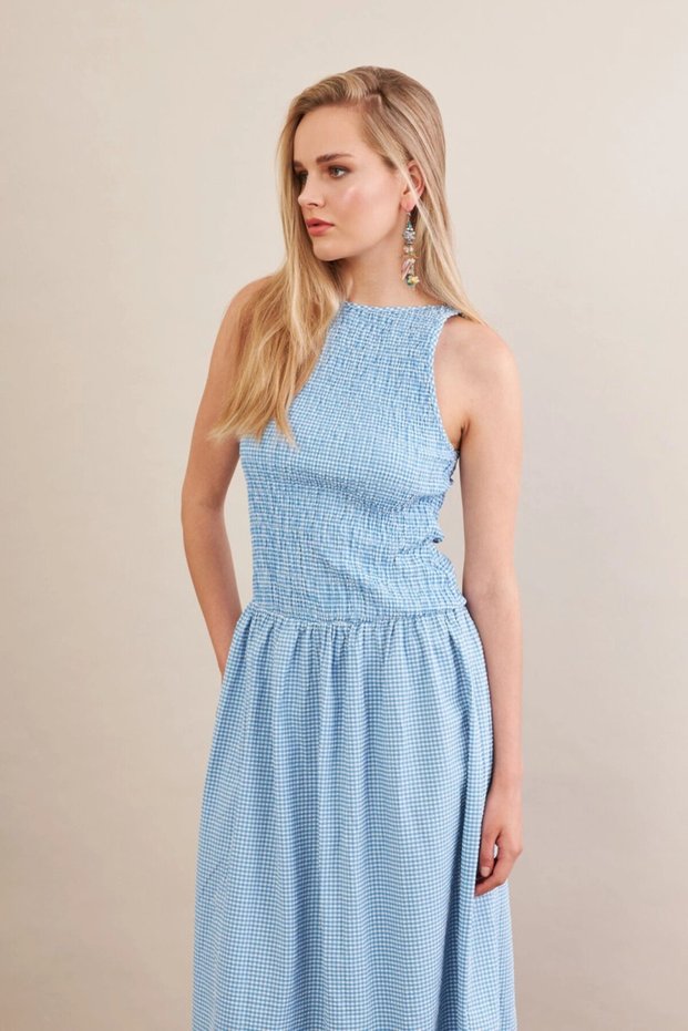 Women's Blue Elastic Waist Gipeli Midi Dress Zh130