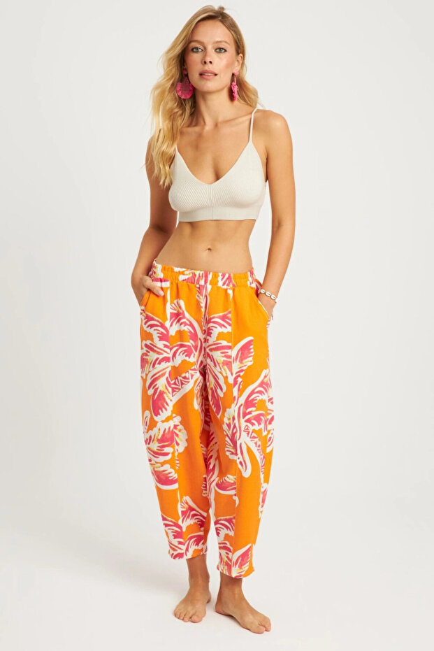 Women's Orange Patterned Linen Shalwar Trousers K1253
