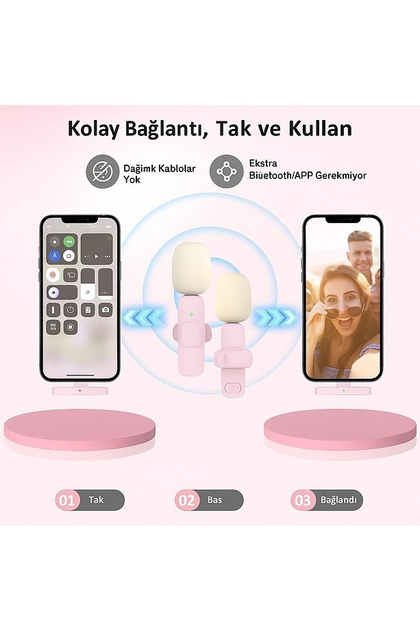 Kablosuz Tüylü Pembe Yaka Mikrofonu Type-C ve Apple Girişli 2’li Set Bluetooth 5.0 - 4