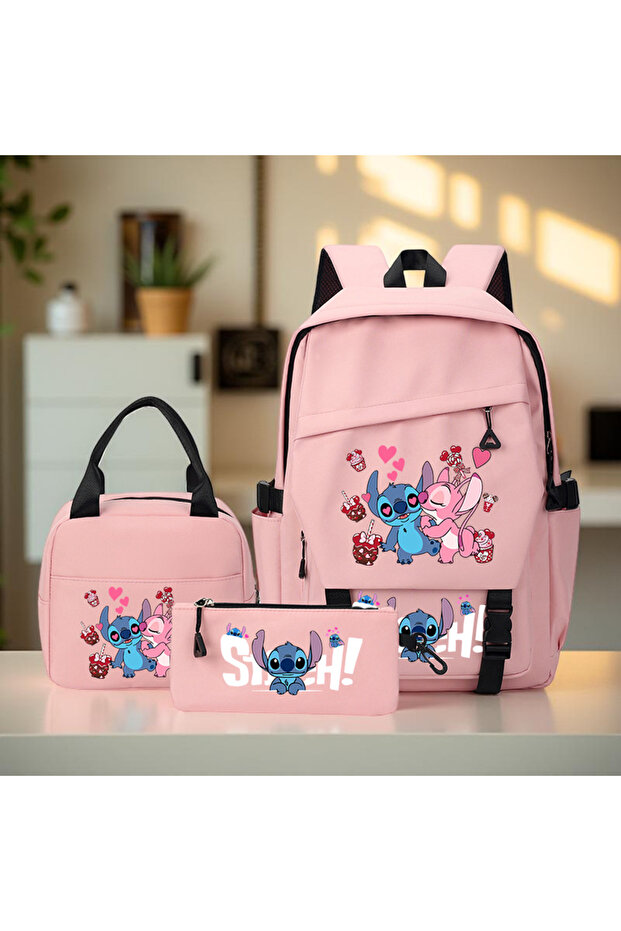 Pink-A 3pc Stitch Large Capacity Backpack Set, Tote Bag and Pencil Case with Adjustable Straps for D - 1