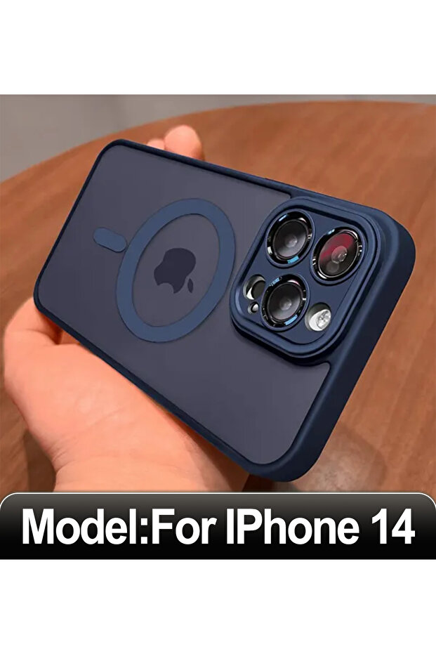 جراب شحن لاسلكي مغناطيسي مقاوم للصدمات صلب لهاتف iPhone 14 أزرق داكن غير لامع