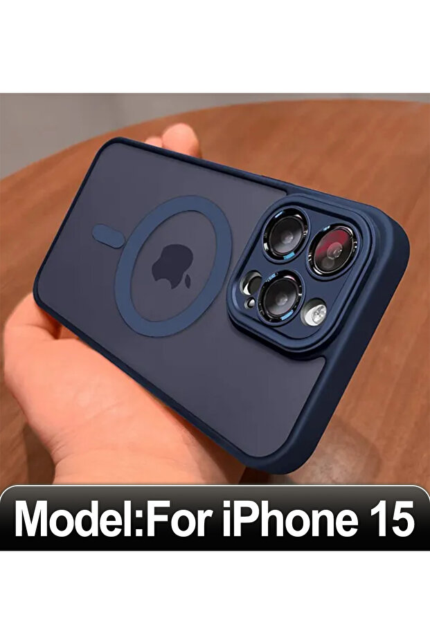 جراب شحن لاسلكي مغناطيسي مقاوم للصدمات صلب لهاتف iPhone 15 أزرق داكن غير لامع