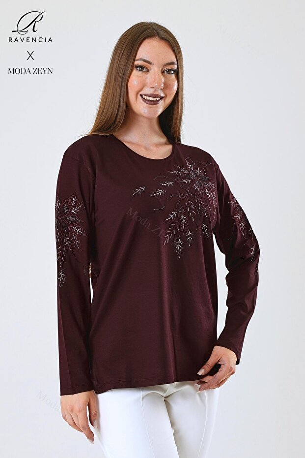 Women's Middle Age and Above Viscose Flower Pattern Stone Embroidered Lycra Burgundy Mother Combed Cotton Blouse