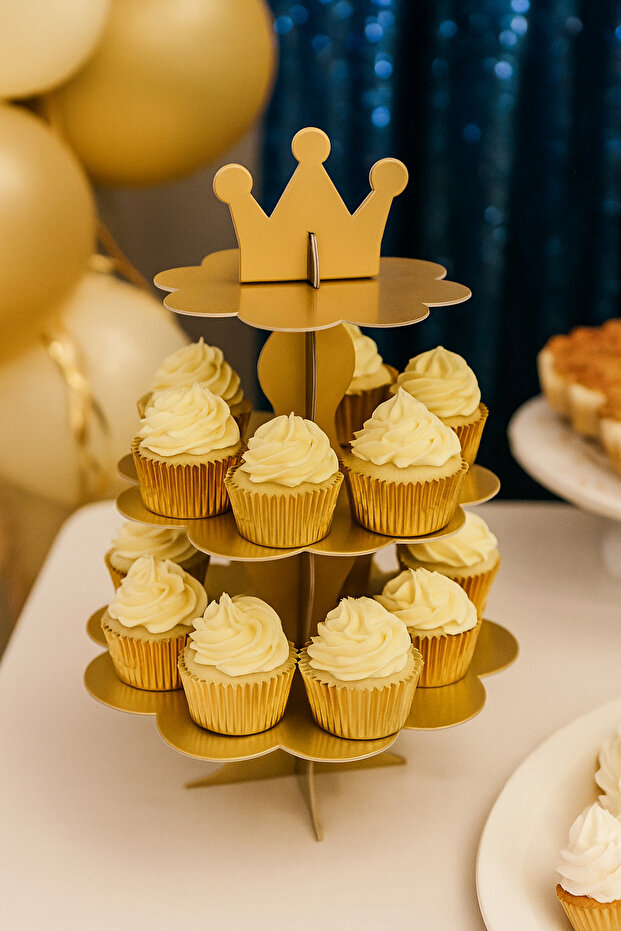 3 Katlı Karton Cupcake Standı Mat Gold - 1