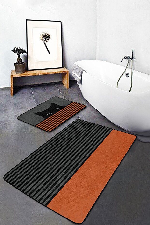Orange Striped Cat Motif 2-Piece Bathroom Kitchen Mat Set Toilet Seat Set