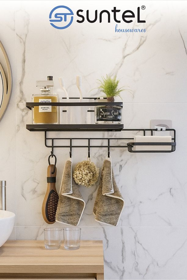 Kancalı Yapışkanlı Banyo Rafı ve Sabunluk Seti - Askılı Banyo Organizer - 1