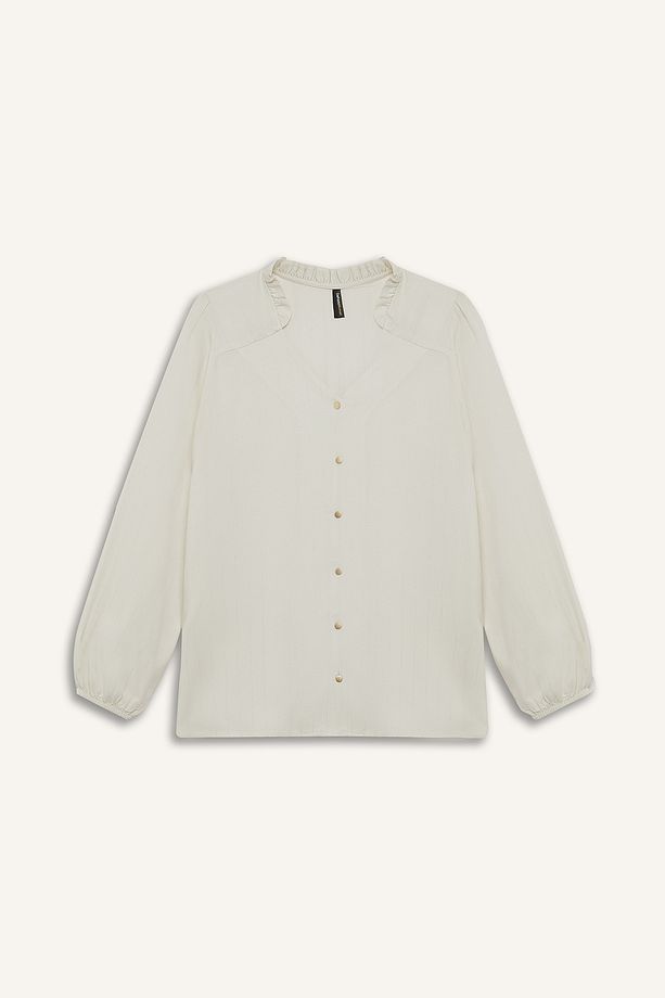 Regular Fit Bisiklet Yaka Simli Kumaş Uzun Kollu Gömlek F0226AX25SP - 1