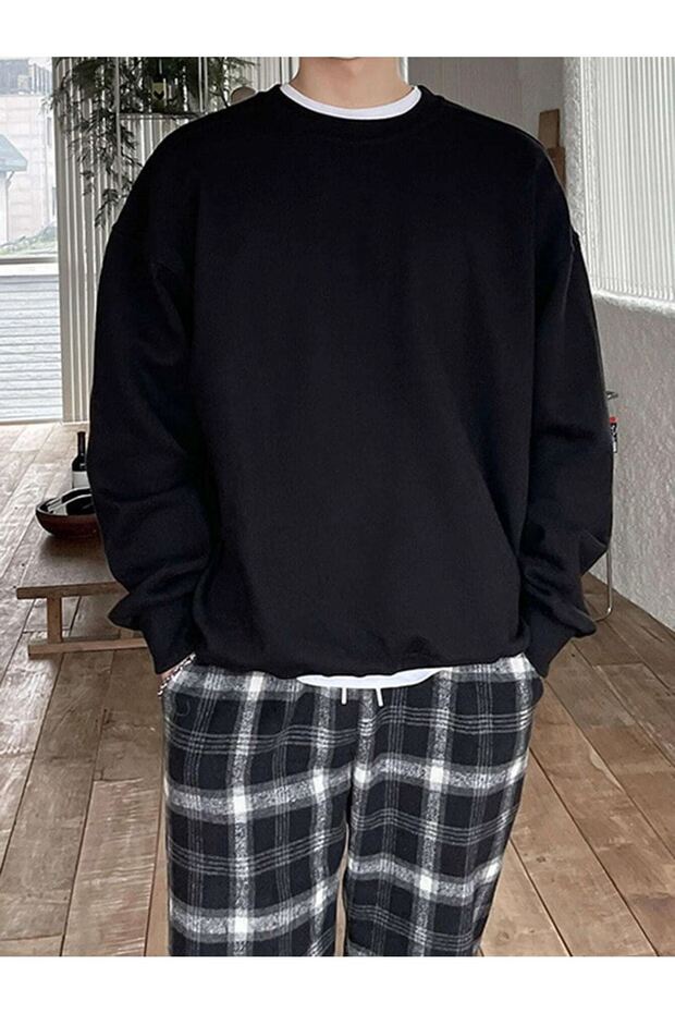 Erkek Siyah Basic Oversize Sweatshirt - 4