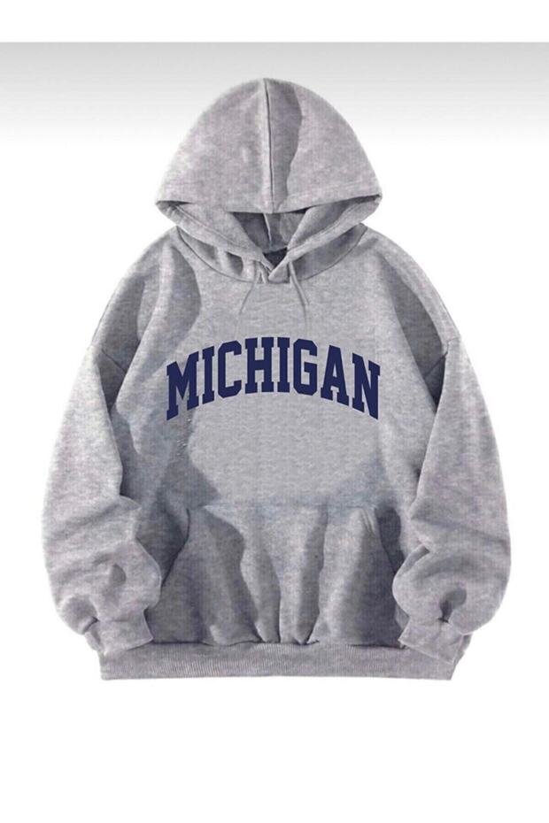 Unisex Oversize Michigan Printed Hooded Sweatshirt