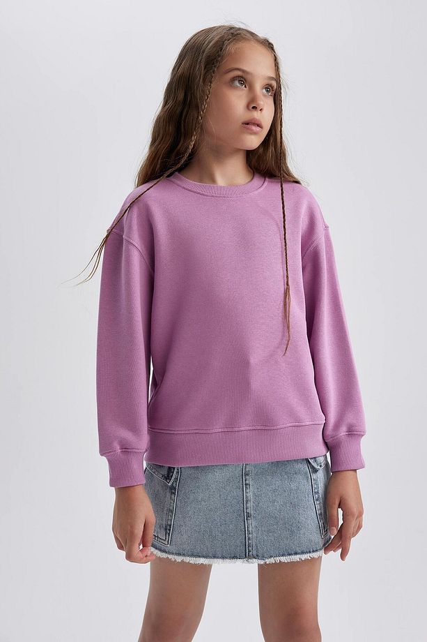 Kız Çocuk Lila Relax Fit Bisiklet Yaka Pamuklu Basic Düz Okul Sweatshirt A2797A824AU - 7