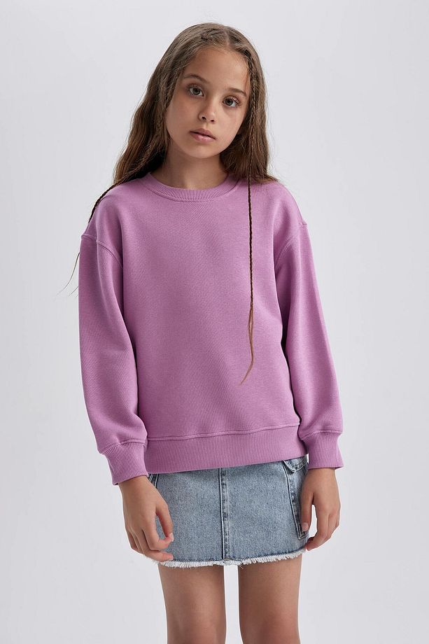 Kız Çocuk Lila Relax Fit Bisiklet Yaka Pamuklu Basic Düz Okul Sweatshirt A2797A824AU - 4