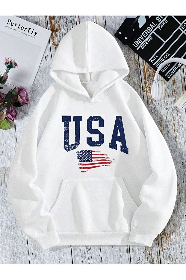 USA Flag Sweatshirt - White Printed Oversize Hoodie