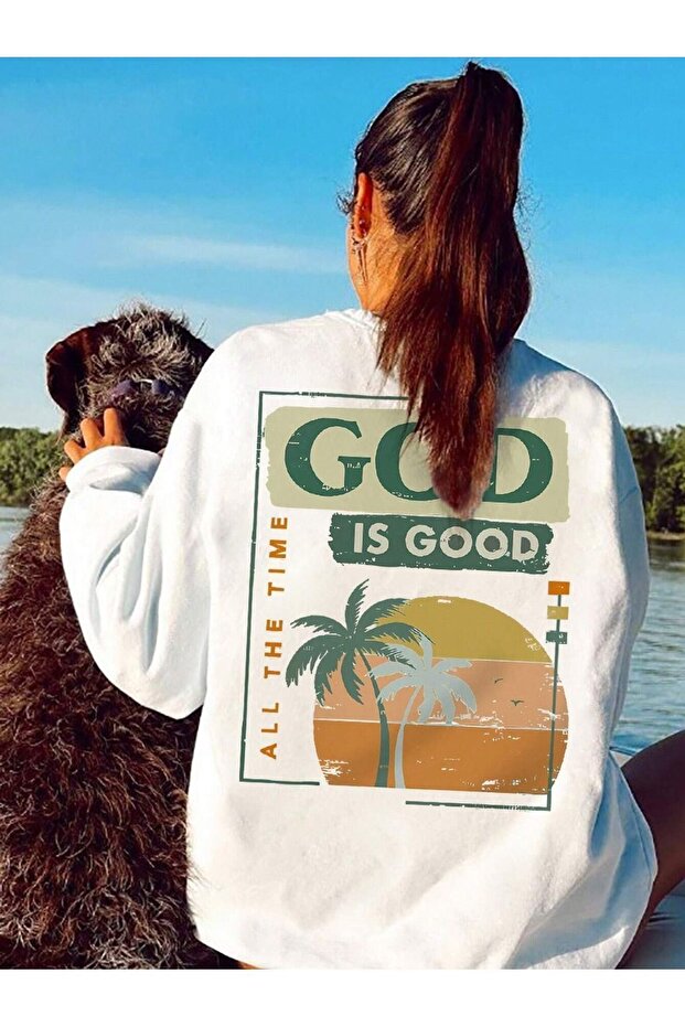 سويت شيرت شتوي سميك من God Is Good - أبيض مطبوع كبير الحجم برقبة دائرية شتوية