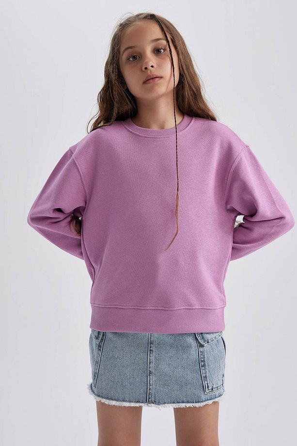 Kız Çocuk Lila Relax Fit Bisiklet Yaka Pamuklu Basic Düz Okul Sweatshirt A2797A824AU - 6