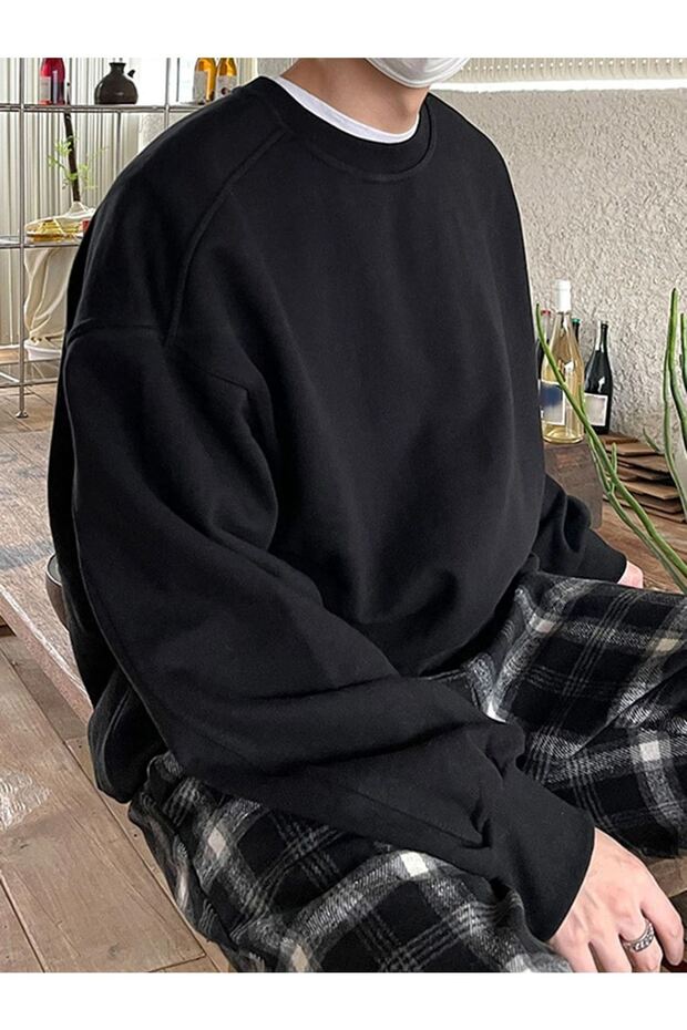 Erkek Siyah Basic Oversize Sweatshirt - 5