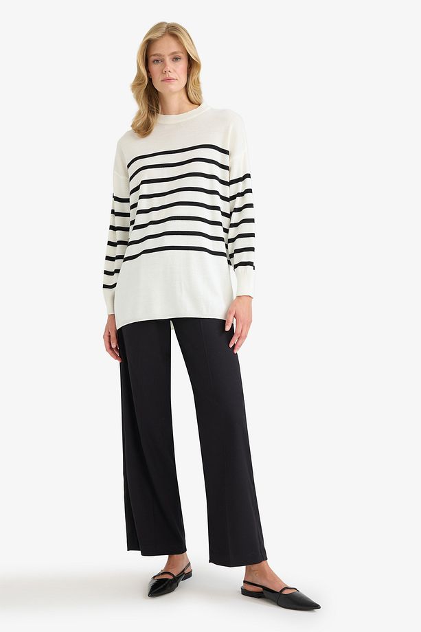 Relax Fit Yumuşak Dokulu Çizgili Bisiklet Yaka Triko Kazak Tunik S7517az24wn - 2