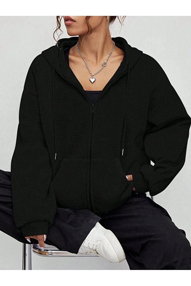 Unprinted Zippered Cardigan Sweatshirt - Black Oversize Winter Thick Hoodie