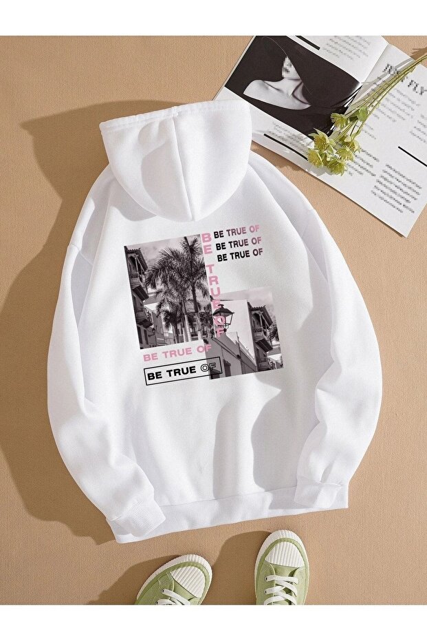 Be True Of Sweatshirt - White Printed Oversize Hoodie