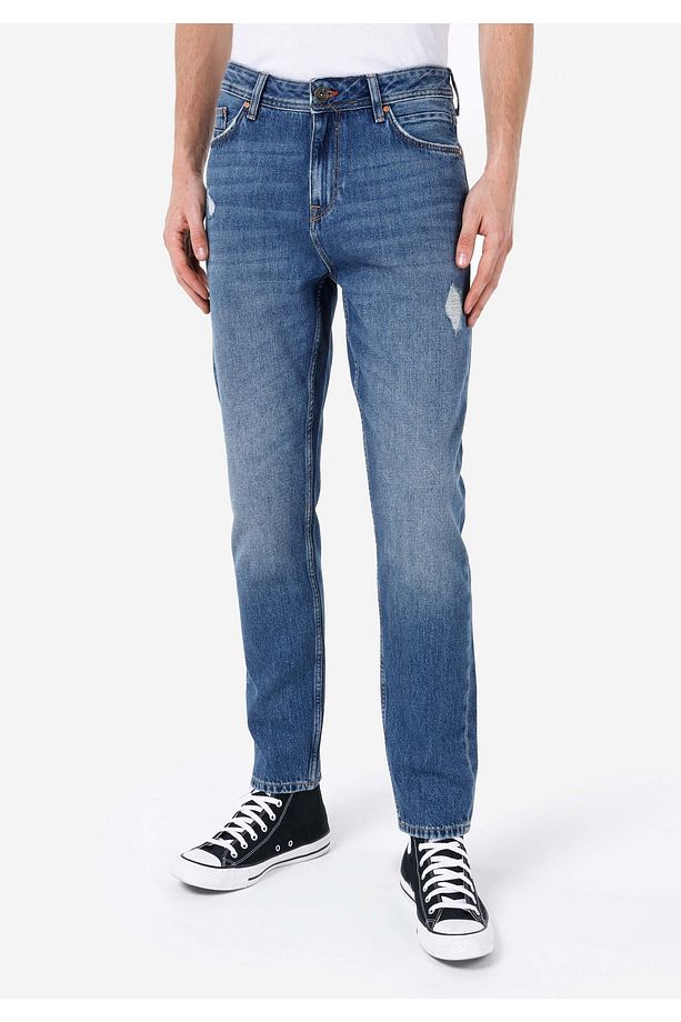 Regular Fit Orta Bel Daralan Paça Erkek İndigo Denim Jean Pantolon - 4