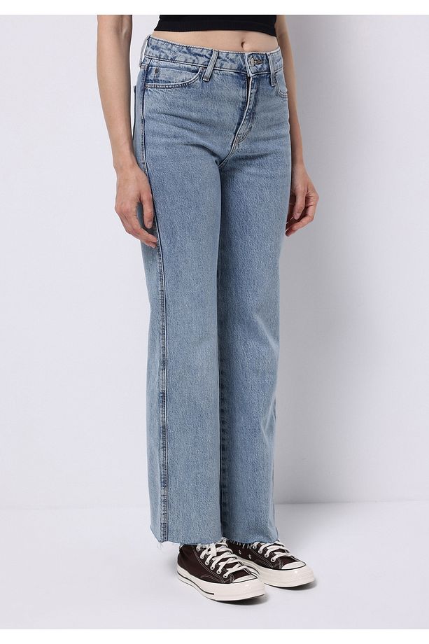 Regular Fit Yüksek Bel Geniş Paça Kadın Koyu İndigo Jean Pantolon - 4