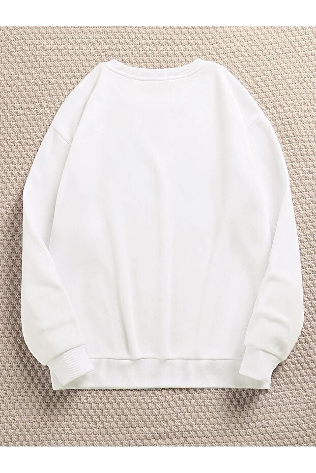Basic Düz Sweatshirt - Beyaz Oversize Kışlık Kalın Bisiklet Yaka - 2