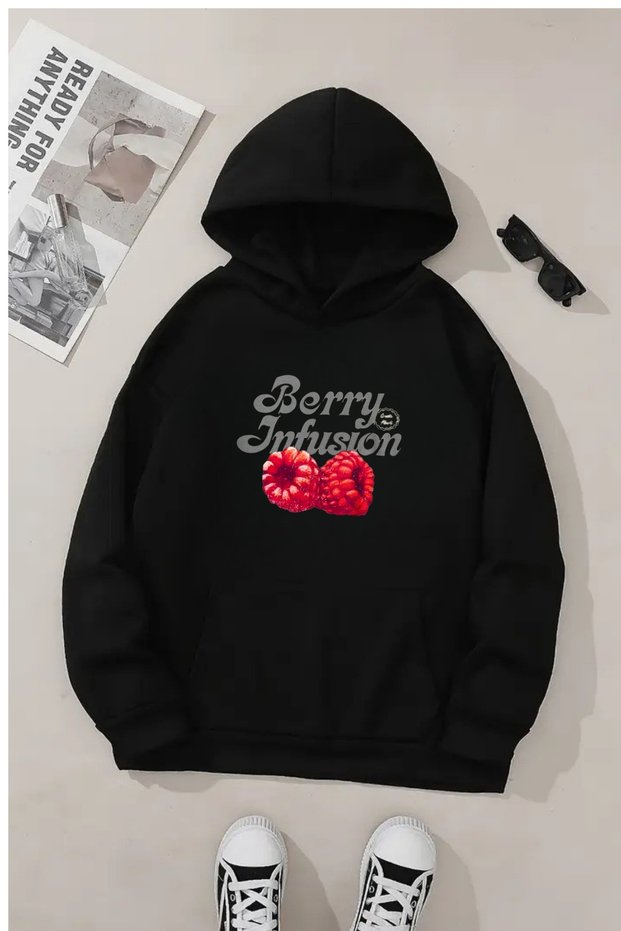 Unisex Black Hooded Sweatshirt – Berry Infusion Printed, Thick Fabric with Hood