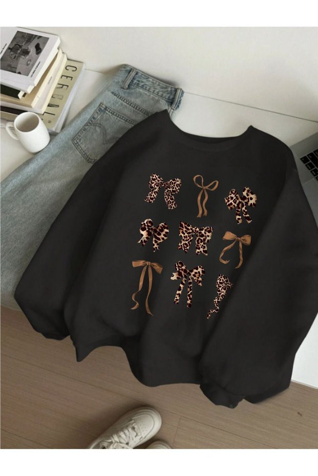 Ribbon Leopard Printed Black Crew Neck Sweatshirt - Oversize Unisex Thick Winter