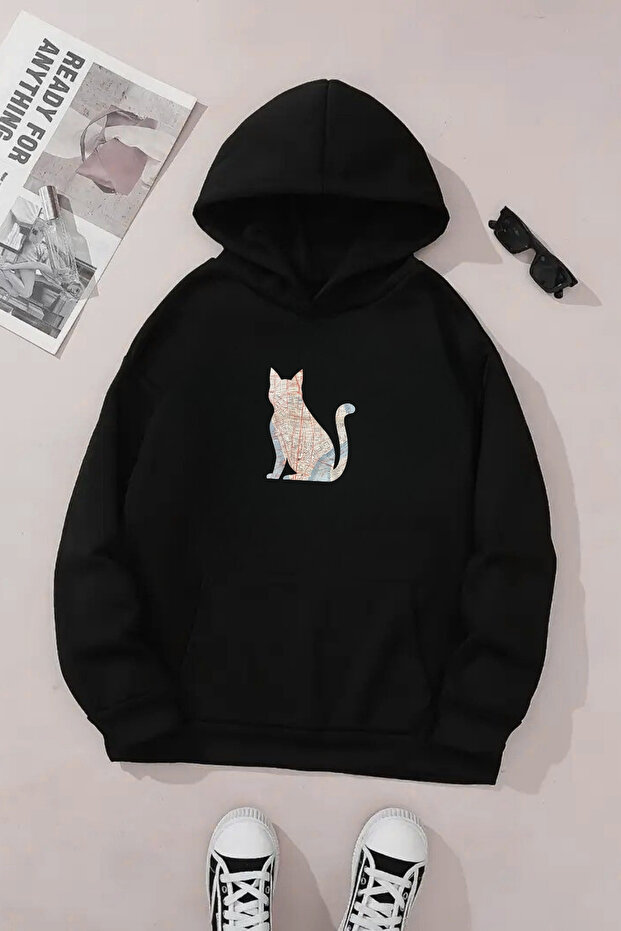 Unisex Black Hooded Sweatshirt – Cat Printed, Thick Fabric with Hood