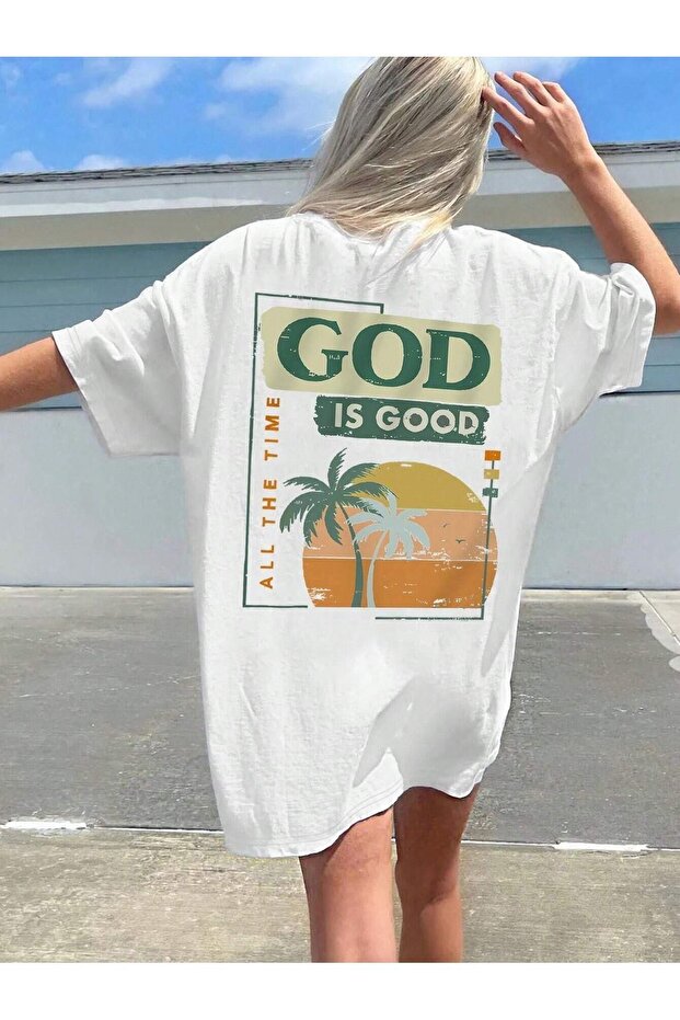 God Good Single Jersey T-Shirt - White Printed Oversize Crew Neck Short Sleeve T-Shirt