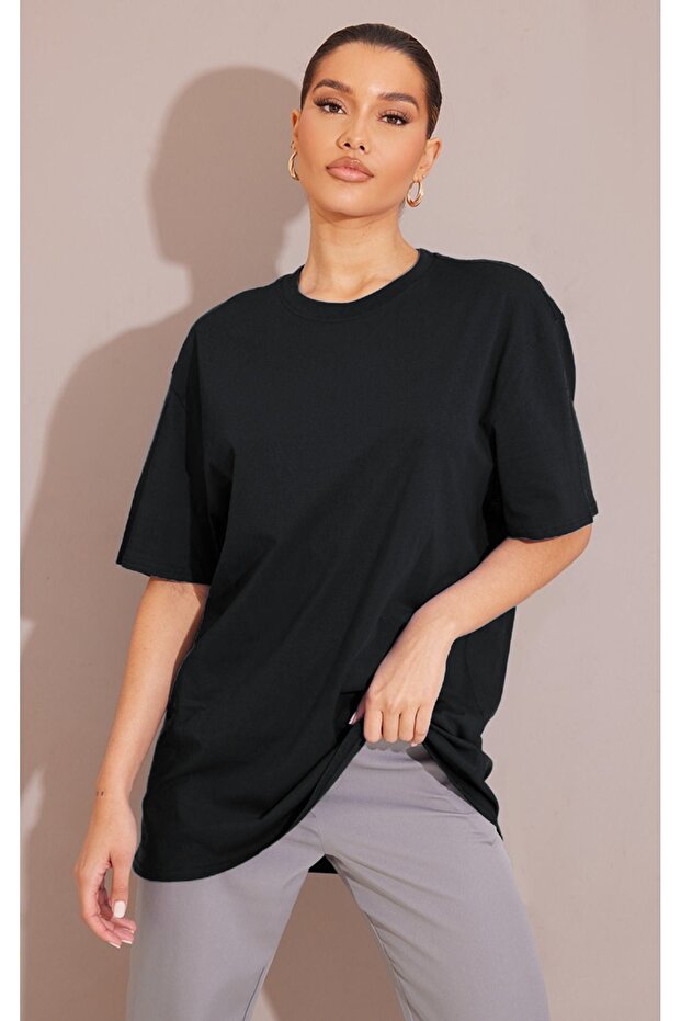 Plain Single Jersey T-Shirt - Black Oversize Crew Neck Short Sleeve T-Shirt