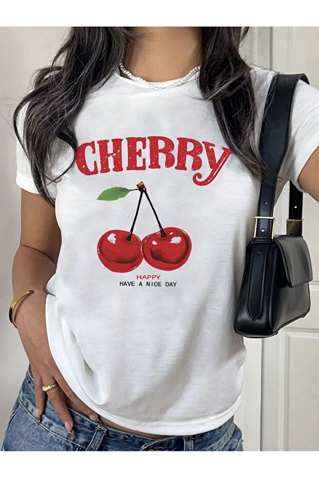 Cherry Happy Printed White Tshirt Mother Daughter Combination - Oversize Crew Neck T-Shirt