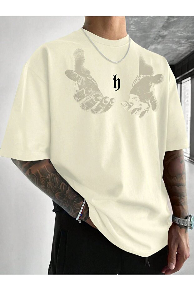 Men's Hand Print Oversize Beige Printed T-shirt - Crew Neck Short Sleeve Comfortable Fit T-Shirt