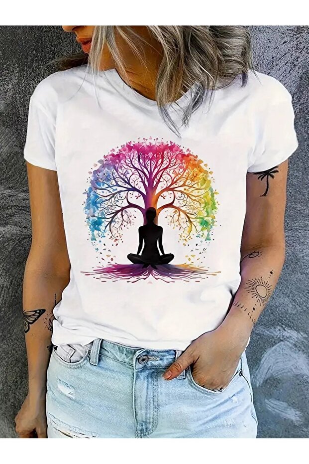 Yoga Tree Printed White Cotton T-Shirt - Oversize Crew Neck Short Sleeve T-Shirt