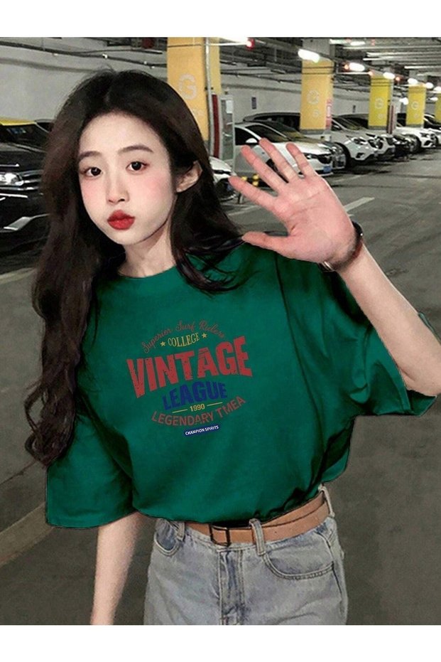 Vintage College T-Shirt - Green Printed Oversize Crew Neck Short Sleeve