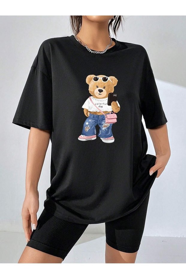 Colorful Bear Single Jersey T-Shirt - Black Printed Oversize Crew Neck Short Sleeve T-Shirt
