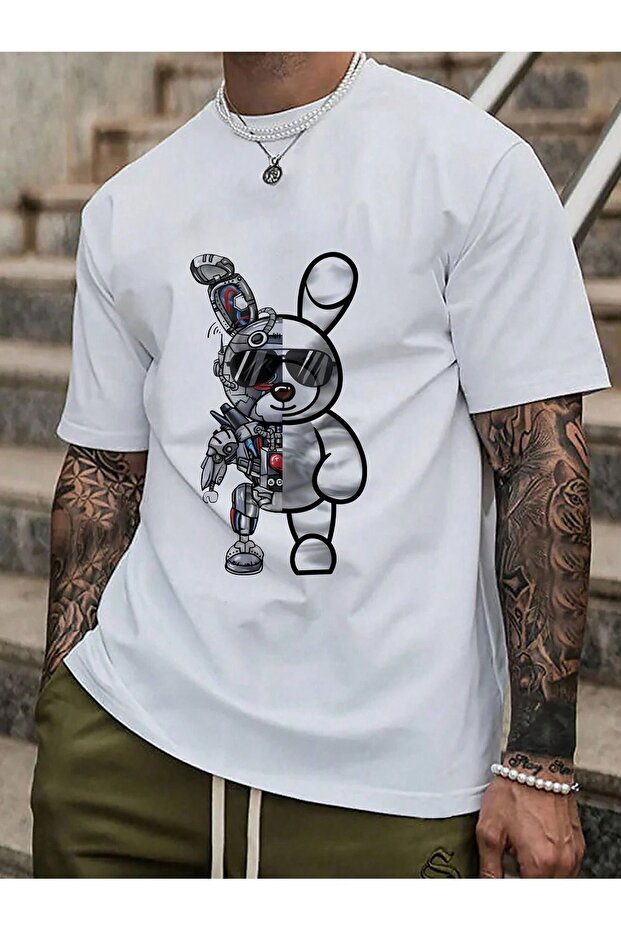 تي شيرت Robotic Rabbit Single Jersey - تي شيرت أبيض مطبوع كبير الحجم برقبة دائرية