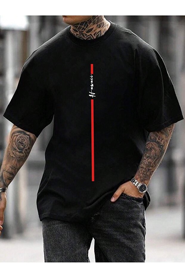 Vertical Lettering Single Jersey T-Shirt - Black Printed Oversize Crew Neck Short Sleeve T-Shirt