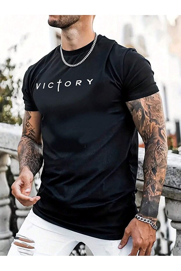 Victory Printed Single Jersey Black T-Shirt - Oversize Crew Neck T-Shirt
