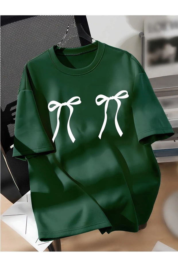 White Stripe Printed Single Jersey Green T-Shirt - Oversize Crew Neck Short Sleeve T-Shirt