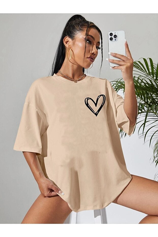 Minimal Heart T-Shirt - Light Brown Printed Oversize Crew Neck Short Sleeve T-Shirt