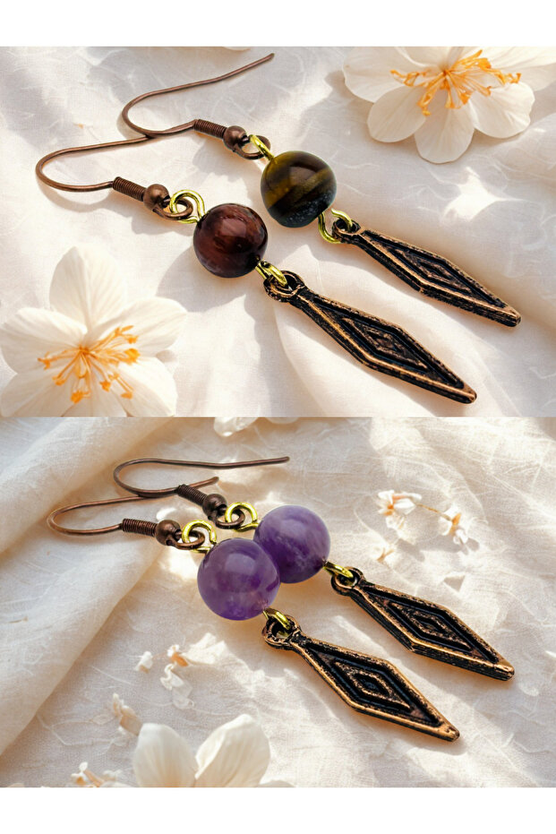 Tiger Eye & Amethyst Natural Stone 2-Piece Earring Set with Dangle - Ornate - 5 cm - Baklava Zamak Apparatus