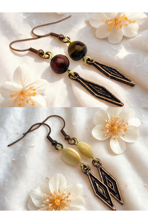 Tiger Eye & Natural Stone 2-Piece Earring Set with Dangle - Ornate - 5 cm - Baklava Apparatus
