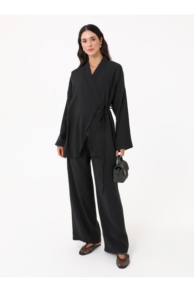 Modal Fabric Side Tie Detail Kimono & Pants Two-Piece Set - Black -